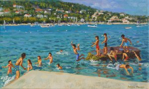 从岩石上跳下；Cinque Terre，Positano，意大利，2000（布面油画）。 作者 安德鲁·马卡拉（Andrew Macara）