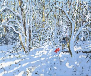 红色雪橇，Allestree 公园，德比，2022 年（布面油画） 作者 安德鲁·马卡拉（Andrew Macara）