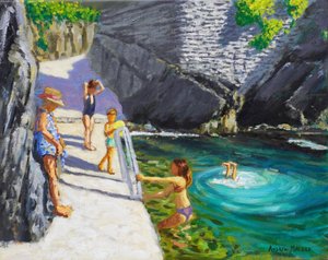 在海池里游泳，意大利辛克特雷，2024 年（布面油画） 作者 安德鲁·马卡拉（Andrew Macara）