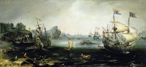 荷兰船只在斯堪的纳维亚峡湾装载木材。油画，作者 Andries van Eertvelt（1590-1652 年）。 作者 安德斯·范·埃特维尔特