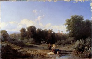 风景或“钓鱼”（在河中钓鱼）安吉洛·贝卡里亚（Angelo Beccaria）（1820-1897 年）1855 年昏暗的 94x146 厘米基因，现代艺术画廊，inv 142 作者 安杰洛·贝卡里亚（Angelo Beccaria）