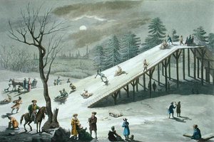 俄罗斯公共公园的雪滑梯，19世纪初（彩色版画）