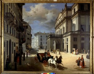 Angelo Inganni 代表米兰的斯卡拉广场。 19 世纪。 米兰布雷拉美术馆。