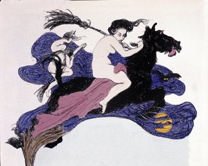 在空中移动的女巫。安杰洛-扬克（1868-1940 年）为 Jugend 绘制的插图