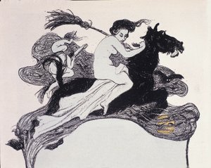 在空中移动的女巫。安杰洛-扬克（1868-1940 年）为 Jugend 绘制的插图