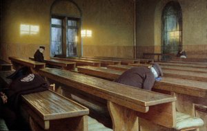 米兰 Trivulzio 临终关怀医院的庆祝日。 Angelo Morbelli (1853-1919) 的绘画 作者 安吉洛·莫贝利（Angelo Morbelli）