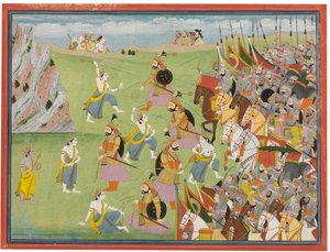 摩ab婆罗多（Mahabharata）的画作：巴拉巴拉与加拉桑达（Jarasandha），坎格拉（Kangra）或加尔瓦尔（Garhwal）作战，约1810-20年
