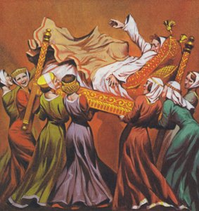 爱德华一世国王被宫女们推倒在床上（彩色石版画）
