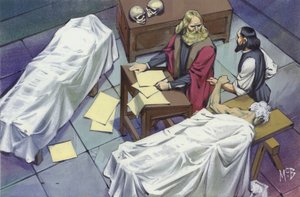 达芬奇利用死在医院里的人的尸体研究人体解剖学（水粉画在纸上） 作者 安格斯·麦克布莱德