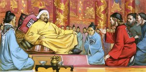 马可-波罗在忽必烈汗宫廷，20 世纪（纸面水粉画） 作者 安格斯·麦克布莱德