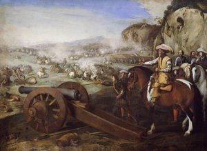 马背上的船长在战斗中命令开炮，阿尼洛·法尔科内（Aniello Falcone，1607-1656 年）绘画，布面油画，94x131 厘米