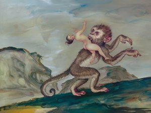 被灵长类带走的女人》，2018 年（插图板上的丙烯颜料）