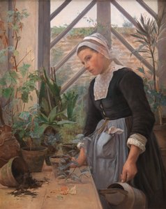 在暖房里照料植物的布列塔尼女孩 作者 Anna Petersen