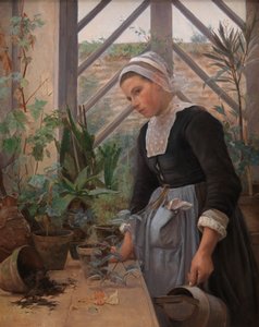 布列塔尼女孩照看温室里的植物，1884年