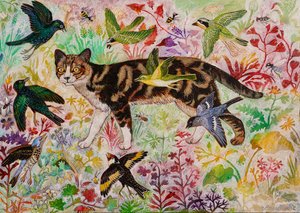 虎斑猫和小鸟》，2019 年（丙烯酸） 作者 