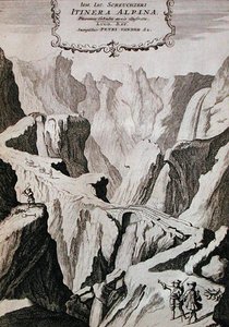 约翰-雅各布-谢赫泽里的《阿尔卑斯山》第一卷的封面图，1706年出版（雕刻）。 作者 安娜·瓦塞拉（后）提古丽娜