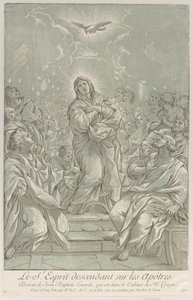 五旬节，圣母站在中间，圣灵在上面，使徒们......，约1729年。