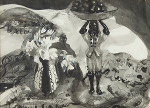有小雕像的静物（黑白水彩画）