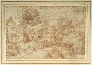 安尼巴莱·卡拉奇（Annibale Carracci）（纸上的钢笔和棕色墨水）从埃及起飞后的风景 作者 Annibale (studio of) Carracci