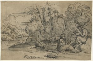 山水画中的萨提尔吹笛、妇女和傀儡 作者 Annibale Carracci（归因于）