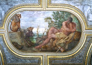 赫克鲁斯和狮身人面像与塞伯鲁斯，来自&39;Camerino&39;，1596年 作者 Annibale Carracci