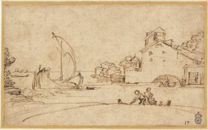 河口的风景与人物和帆船 作者 Annibale Carracci