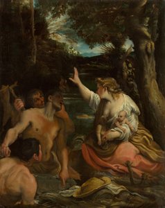 拉托纳和利西亚农民拉托纳保护她的孩子们，1585年。 作者 Annibale Carracci