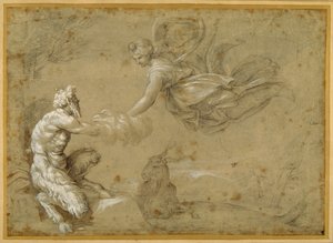 潘向戴安娜赠送羊毛（钢笔和棕色墨水与棕色水洗）。 作者 Annibale Carracci