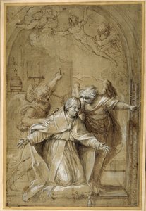 St Gregory attended by angels praying for souls in Purgatory (pen & brown ink with brown wash and heightening) 作者 Annibale Carracci