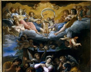 牧羊人的崇拜细节代表天上天使演唱上帝的荣耀。 Annibale Carracci 或 Annibal Carrache (1560-1609) 的绘画。 1597. 奥尔良，美术博物馆。 作者 Annibale Carracci