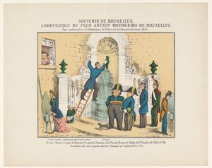 曼内肯皮斯广场的逮捕，1845 年
布鲁塞尔纪念品。布鲁塞尔最年长的公民被捕。罪名是违反 1845 年《皮索斯警察条例》（标题见实物） 作者 J·艾蒙德