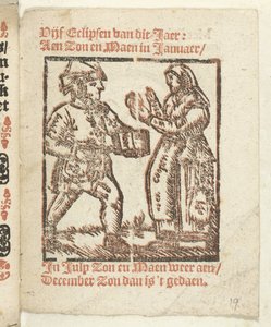 绘有一位克拉默和一位妇女的立像的页面，1712 年
In welck Lidt de Maen is / waer u doot / bloet te laten ten zy grote noot; Als Peste / Pleures is / ende sulck quaet / oock niet sonder des Meestersraet（标题见实物） 作者 无名氏