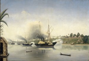 1858 年 9 月 8 日，政府海军舰艇 "西里伯斯 "号、"范金斯伯根海军上将 "号和 "Onrust "号炮击丹比苏丹仓 作者 无名氏