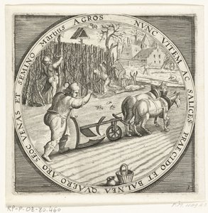 三月，耕作，约 1600 年
以大众生活场景描绘的一年十二个月（系列标题）
Schemata XII Mensium sius operationibus,  ad signa zodiaci applicatione, in quatuor anni partes divisa（系列标题，附在实物上） 作者 马丁·德·沃斯