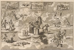 坐在叮当作响的椅子上的失败的行动者，1720 与 Rinkels 一起坐在椅子上的被击败的行动主义者，后者被 Lauwered Paard van Troje（物体上的标题）碾压 愚人大场面（系列名） 作者 无名氏