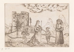 城堡前风景中的三个人和一个魔鬼 作者 Martin Schongauer（伪造）