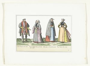 三女一男，按照德国流行时尚着装，约 1580 年
德国服装（物品上有标题） 作者 无名氏