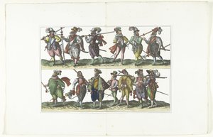 展示十三位身着安特卫普时尚制服的武装市民的双面版画，约 1580 年
Bourgeois d