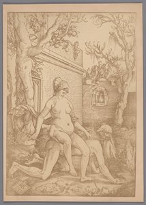汉斯·巴尔东·格里恩 (Hans Baldung Grien) 的木刻亚里士多德和菲利斯的照片复制品 作者 汉斯·巴尔登·格里恩