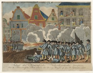 布鲁塞尔 Schaarbeekse Poort 战斗，1830 年 1830 年 9 月 23 日，荷兰皇家军队通过布鲁塞尔骚乱区的沙贝克门进入（物品上的标题） 作者 Arpels 和 Gabriels and Co.