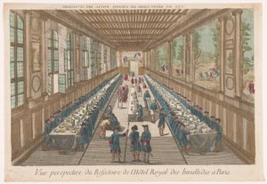 巴黎因瓦利德斯皇家酒店餐厅与正在用餐的客人的合影
Vue perspective du refectoire de l