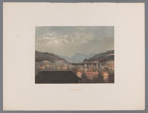 日本海湾的景色，燃烧的船只被灯笼照亮 La fete des lampes les morts s