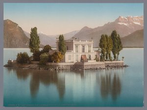 日内瓦湖萨拉尼翁岛的景色，背景是 Dents du Midi lac Léman, Ile de Salagnon et la Dent du Midi（物体上的标题） 作者 Photochrom 苏黎世
