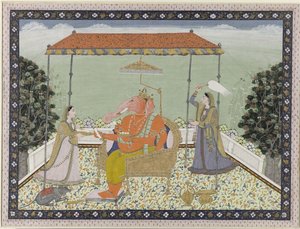象鼻神甘尼萨 (Ganapati) 和他的两个女仆 Siddhi 和 Buddhi 坐在横梁下 作者 无名氏