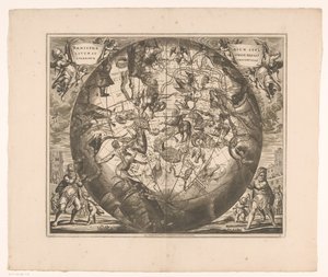 显示南方星座的星空图
Haemisphaerium stellatum australe aequali sphaerarum proportione（物体上的标题） 作者 彼得申克（一）