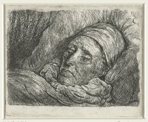 躺在床上的老人的头像 作者 伦勃朗·范·莱恩 (Rembrandt van Rijn)