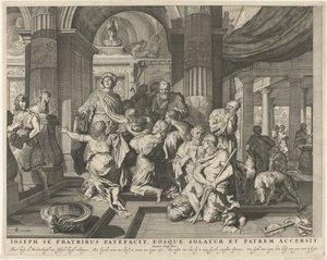 约瑟向他的兄弟们表明自己的身份
Ioseph se fratribus patefacit, eosque solatur et patrem accersit（物上标题）
皇家圣经》（系列名称） 作者 热拉尔·德·莱瑞斯