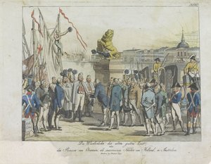 Komst van de Souverein Vorst te Amsterdam，1813 年。
奥伦治亲王作为荷兰的君主，在阿姆斯特丹重现昔日的美好时光（......）（标题见实物） 作者 弗里德里希·坎普