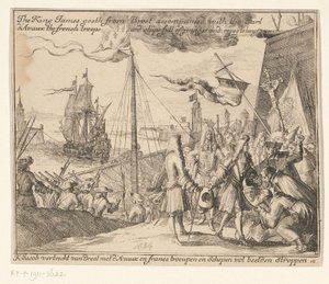 国王詹姆斯二世率领法国军队离开布雷斯特前往爱尔兰，1689 年 詹姆斯国王与阿沃伯爵、法国军队和装满图像和绳索的船只从布雷斯特出发 / K：雅各布·韦特雷克特·范布雷斯特与达沃和弗兰 作者 约翰内斯·坦格纳 (17e eeuw)