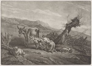 牧羊女挤羊奶的风景画 作者 Nicolaes Pietersz Berchem (可能)